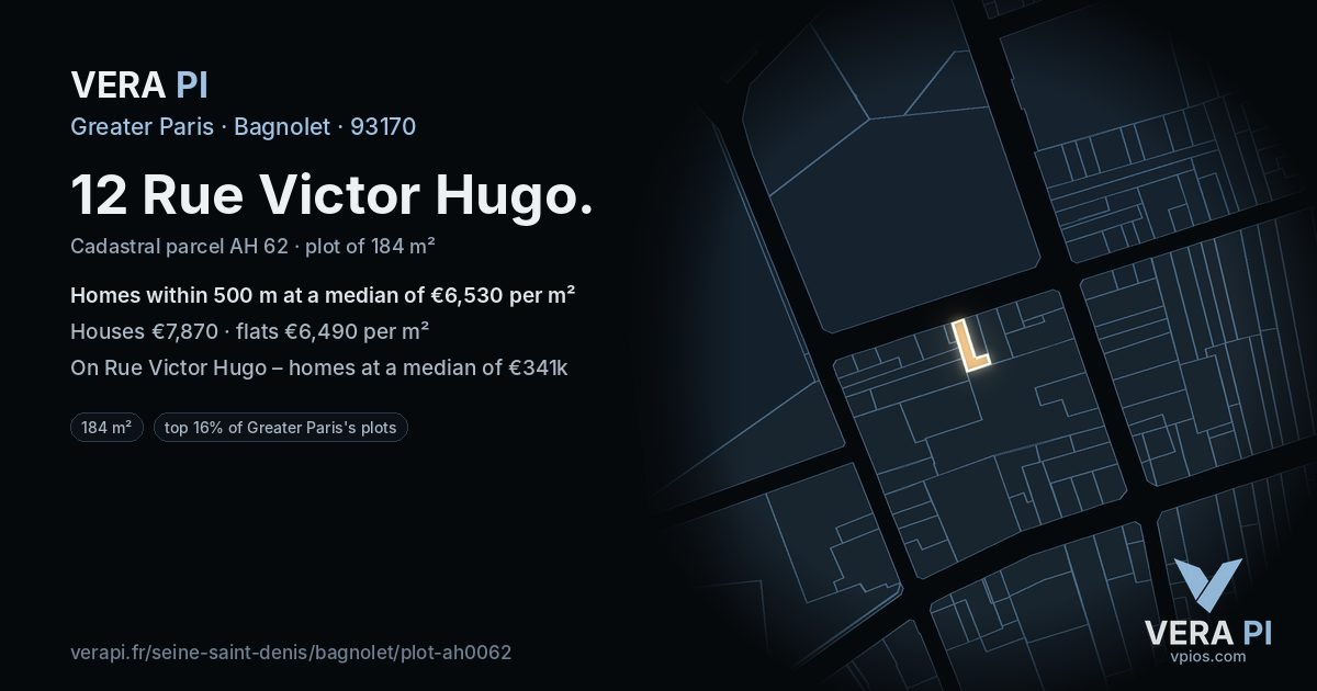 12 Rue Victor Hugo, Bagnolet at night – the plot lit, the parcels around coloured by the prices near them