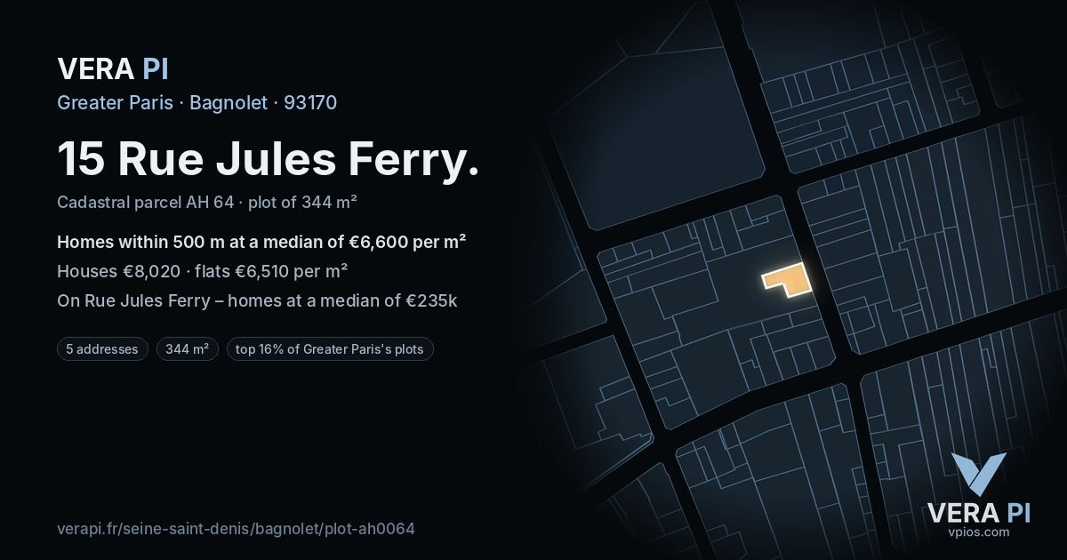 15 Rue Jules Ferry, Bagnolet at night – the plot lit, the parcels around coloured by the prices near them