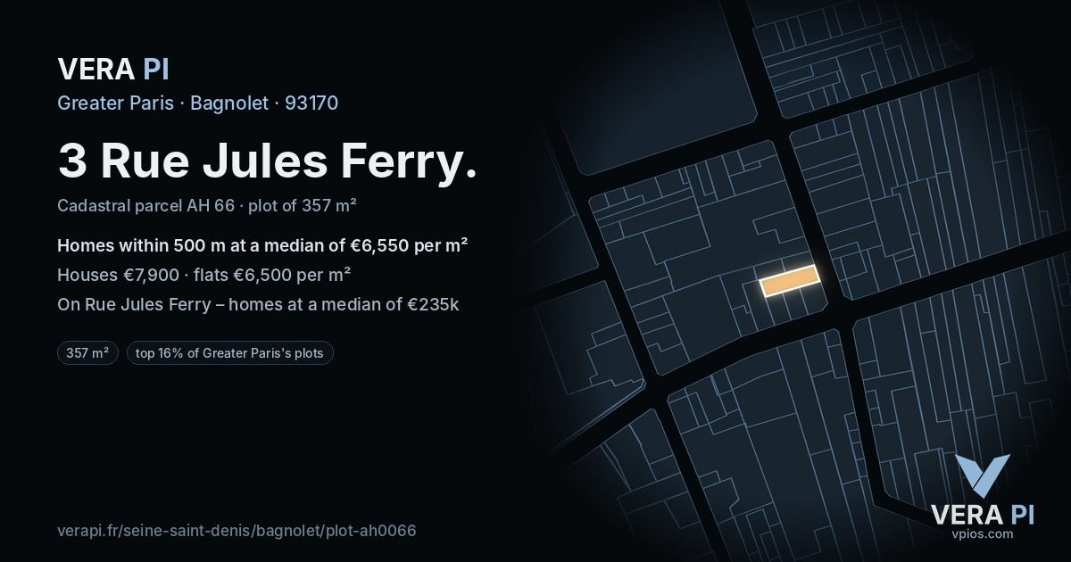 3 Rue Jules Ferry, Bagnolet at night – the plot lit, the parcels around coloured by the prices near them