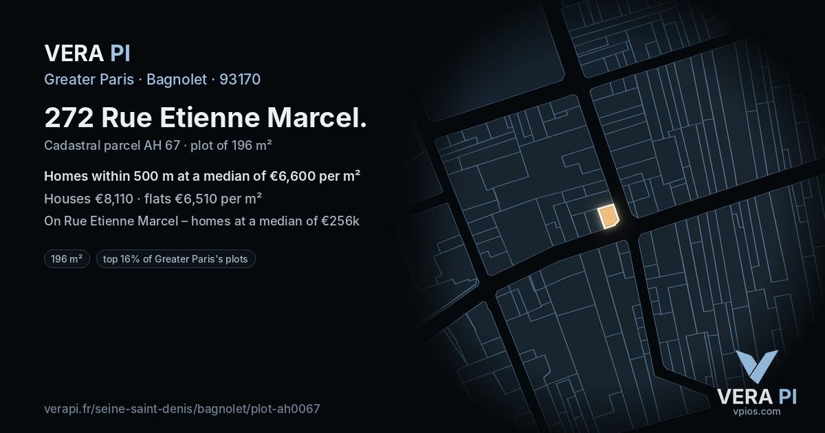 272 Rue Etienne Marcel, Bagnolet at night – the plot lit, the parcels around coloured by the prices near them