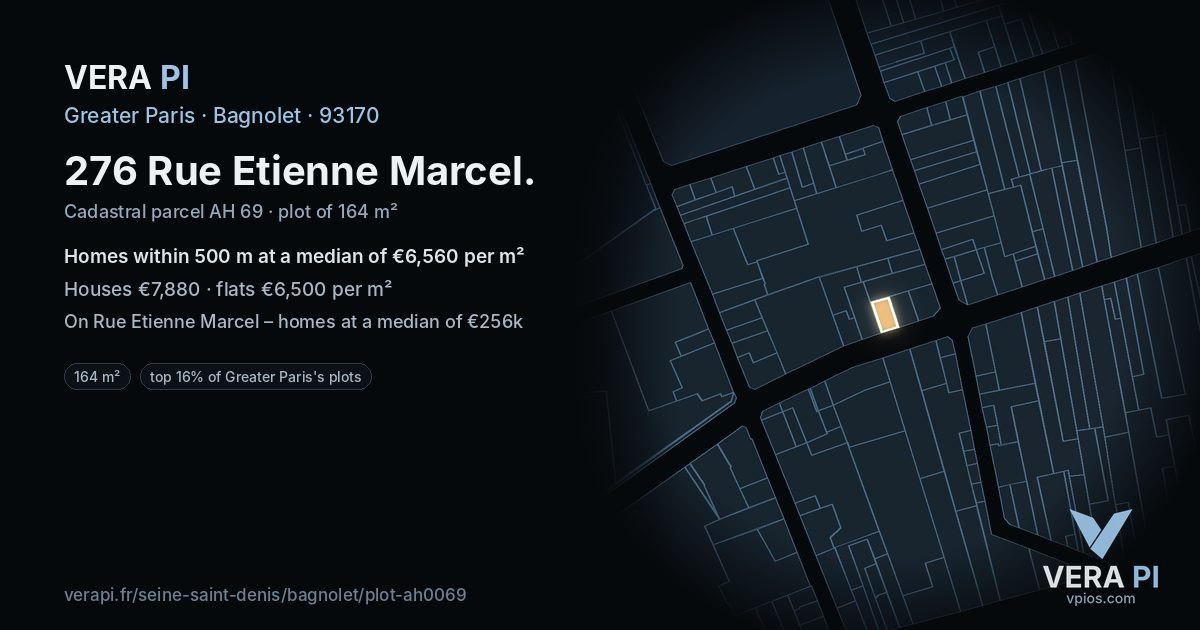 276 Rue Etienne Marcel, Bagnolet at night – the plot lit, the parcels around coloured by the prices near them
