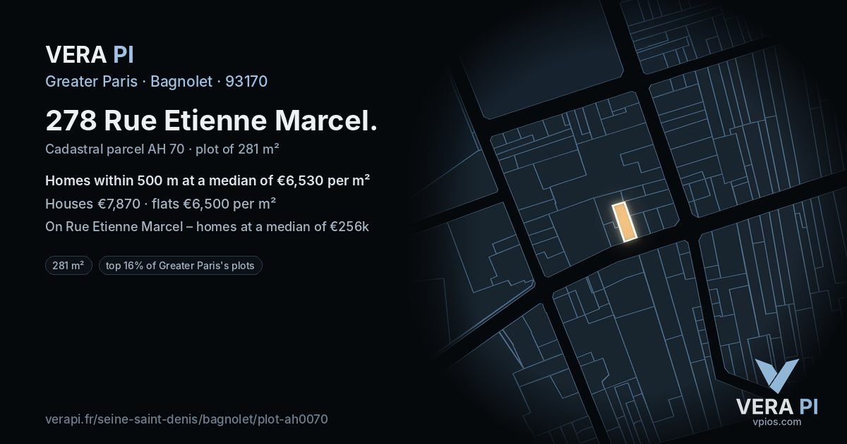 278 Rue Etienne Marcel, Bagnolet at night – the plot lit, the parcels around coloured by the prices near them