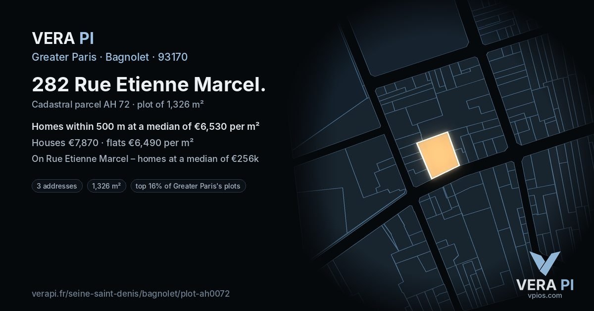 282 Rue Etienne Marcel, Bagnolet at night – the plot lit, the parcels around coloured by the prices near them