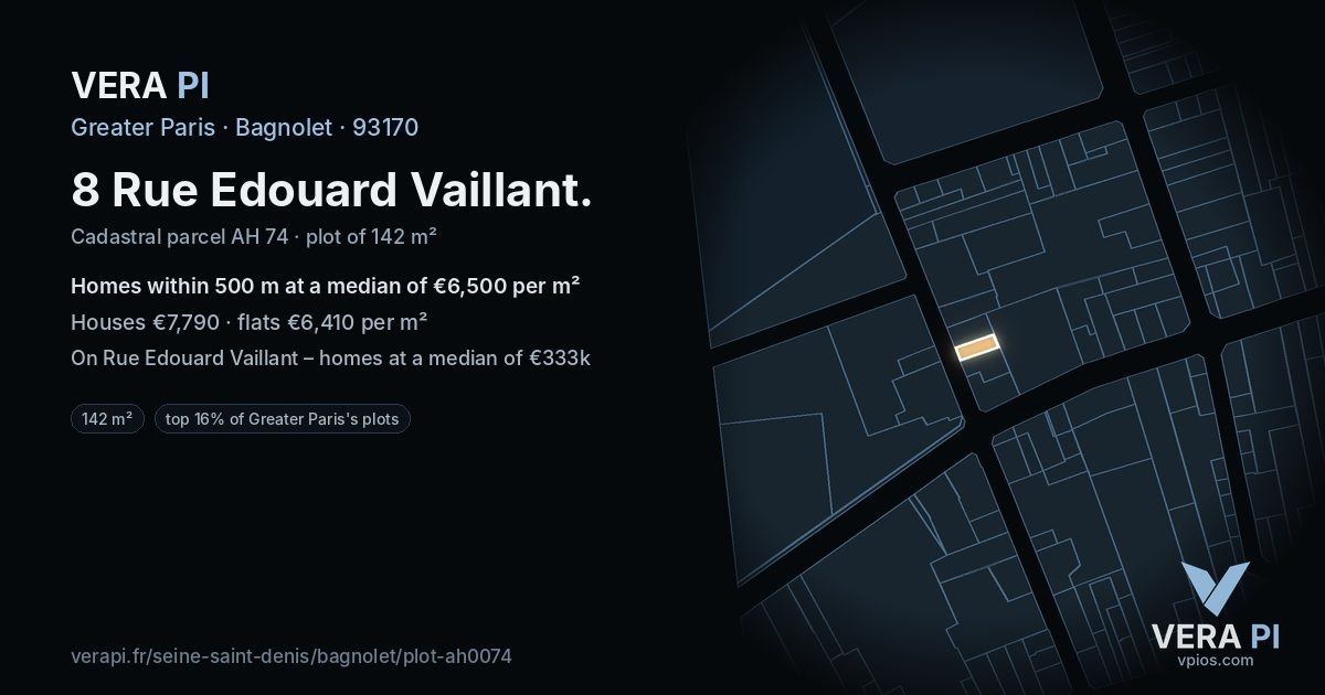 8 Rue Edouard Vaillant, Bagnolet at night – the plot lit, the parcels around coloured by the prices near them