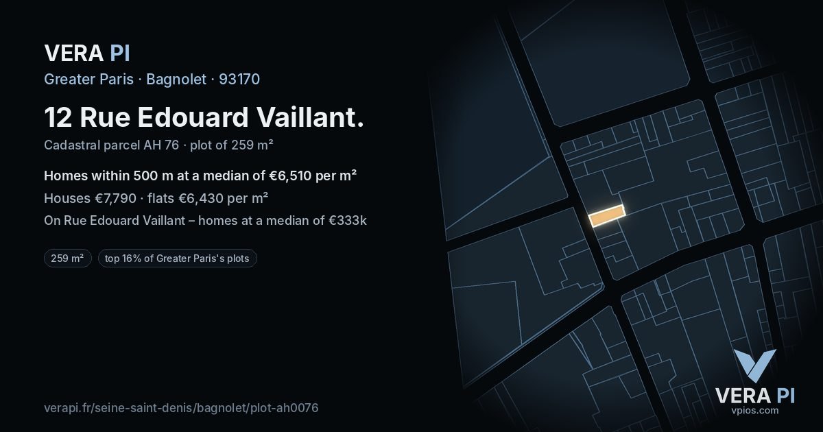 12 Rue Edouard Vaillant, Bagnolet at night – the plot lit, the parcels around coloured by the prices near them