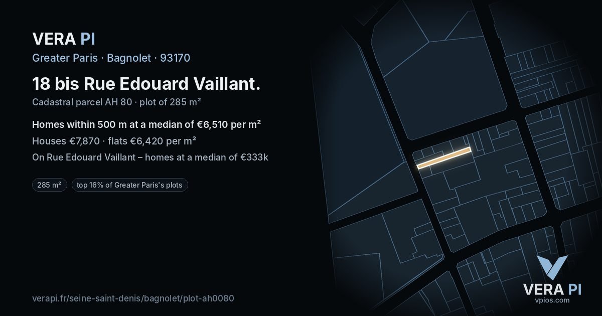 18 bis Rue Edouard Vaillant, Bagnolet at night – the plot lit, the parcels around coloured by the prices near them