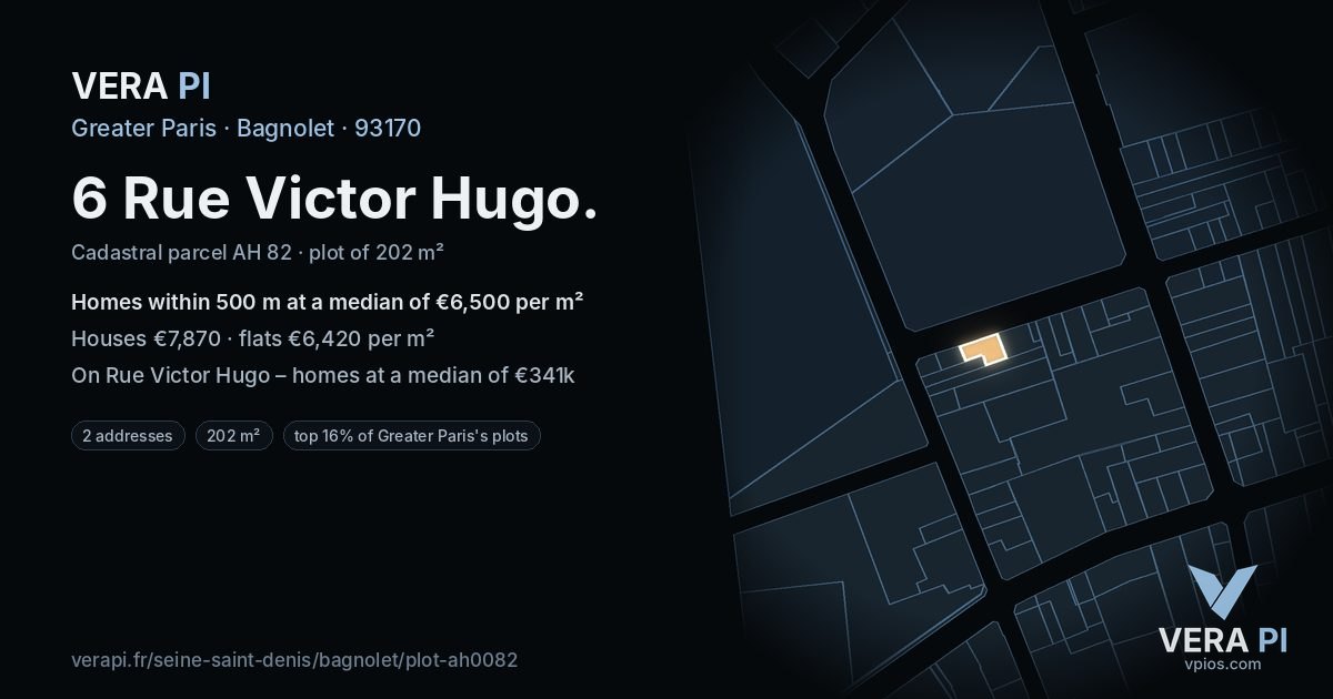 6 Rue Victor Hugo, Bagnolet at night – the plot lit, the parcels around coloured by the prices near them