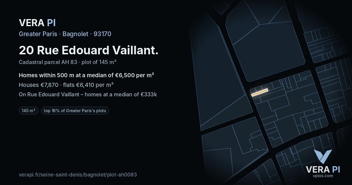 20 Rue Edouard Vaillant, Bagnolet at night – the plot lit, the parcels around coloured by the prices near them