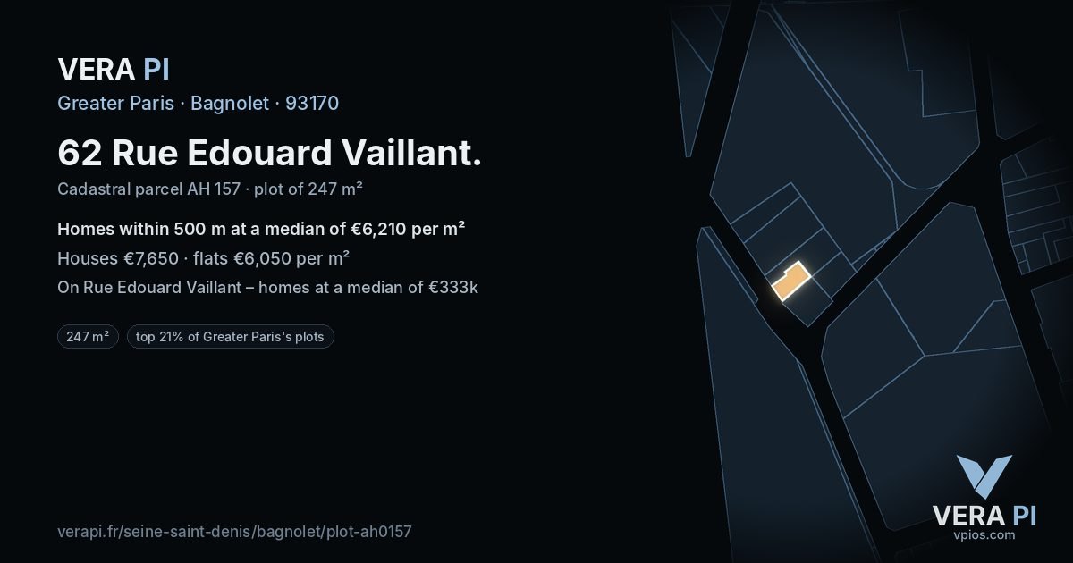 62 Rue Edouard Vaillant, Bagnolet at night – the plot lit, the parcels around coloured by the prices near them