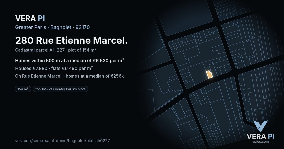280 Rue Etienne Marcel, Bagnolet at night – the plot lit, the parcels around coloured by the prices near them