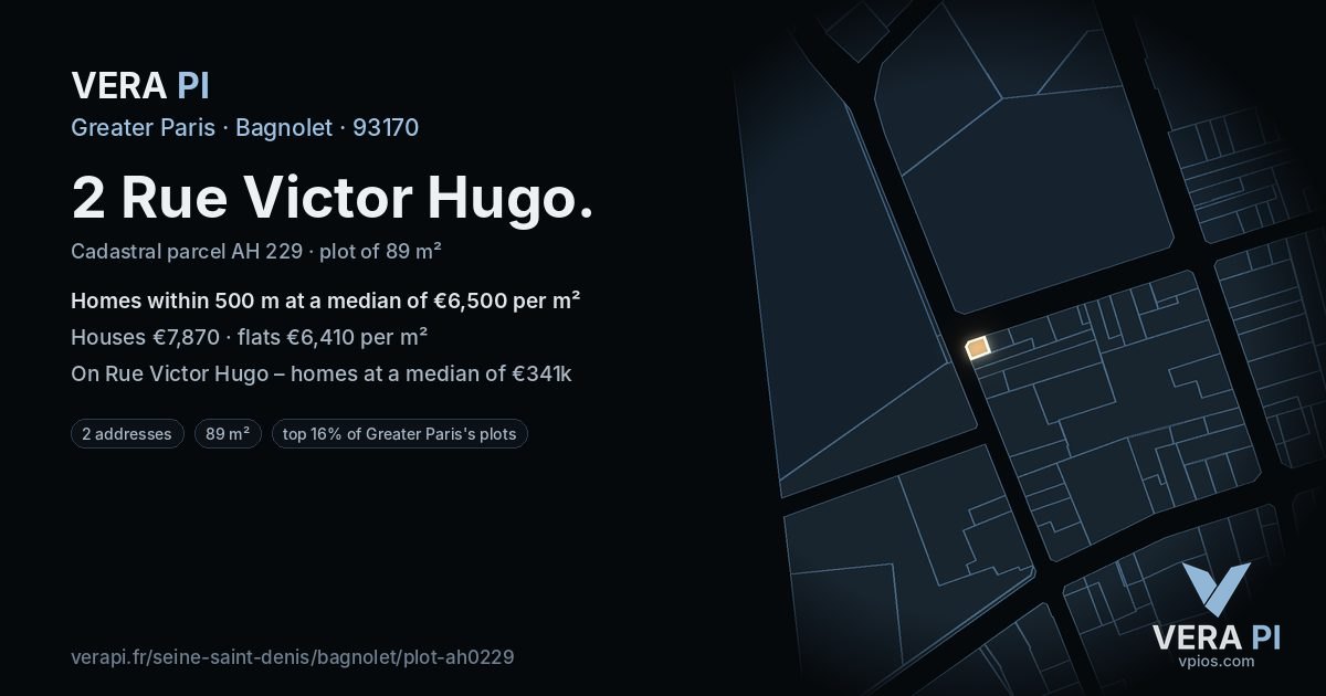 2 Rue Victor Hugo, Bagnolet at night – the plot lit, the parcels around coloured by the prices near them