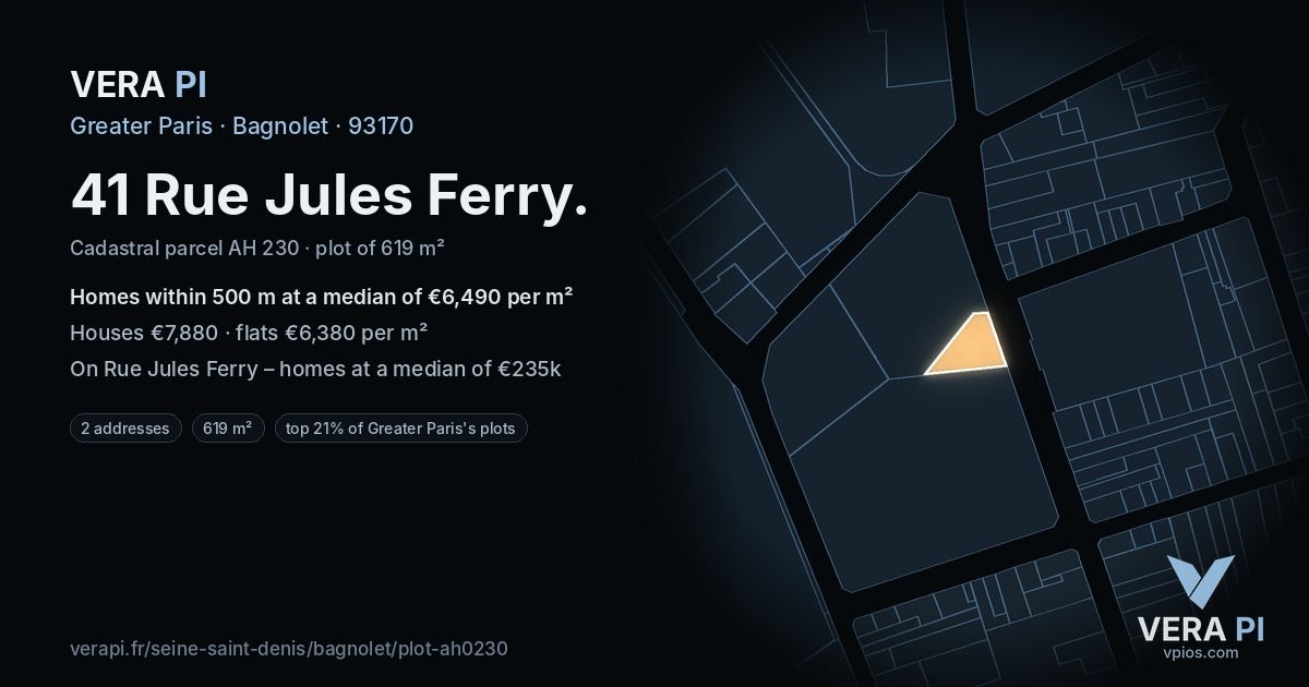 41 Rue Jules Ferry, Bagnolet at night – the plot lit, the parcels around coloured by the prices near them