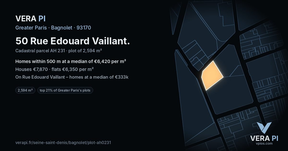 50 Rue Edouard Vaillant, Bagnolet at night – the plot lit, the parcels around coloured by the prices near them