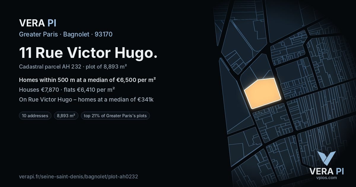 11 Rue Victor Hugo, Bagnolet at night – the plot lit, the parcels around coloured by the prices near them