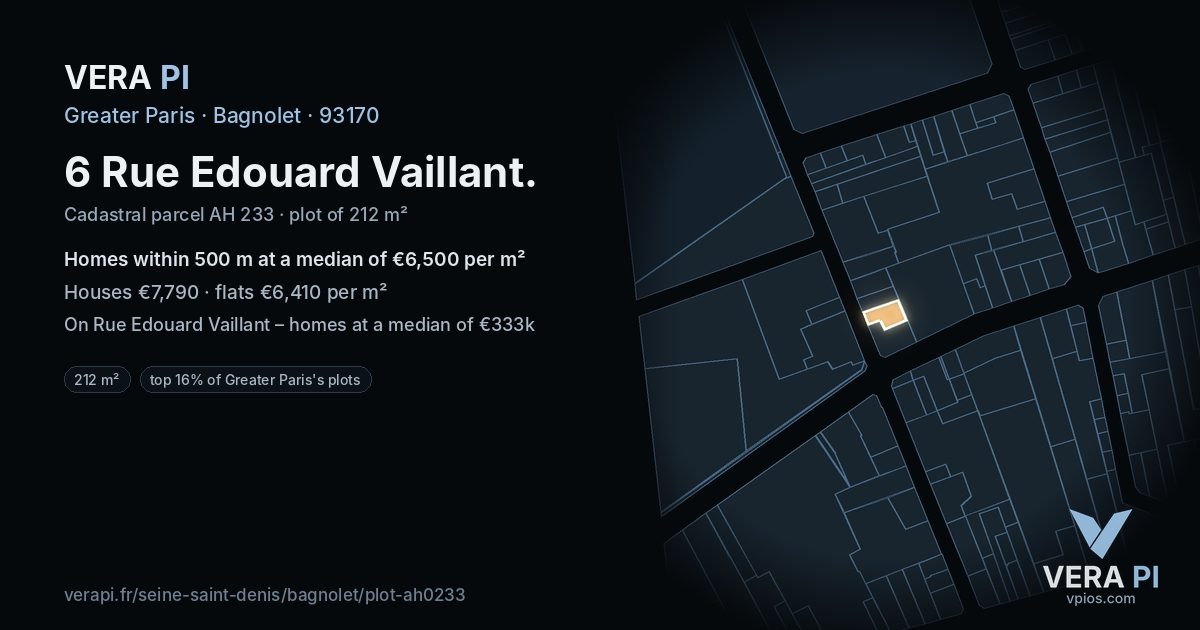 6 Rue Edouard Vaillant, Bagnolet at night – the plot lit, the parcels around coloured by the prices near them