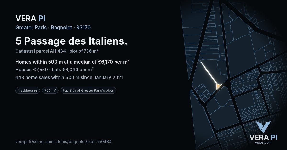 5 Passage des Italiens, Bagnolet at night – the plot lit, the parcels around coloured by the prices near them