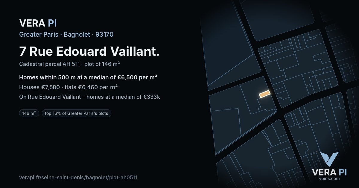 7 Rue Edouard Vaillant, Bagnolet at night – the plot lit, the parcels around coloured by the prices near them