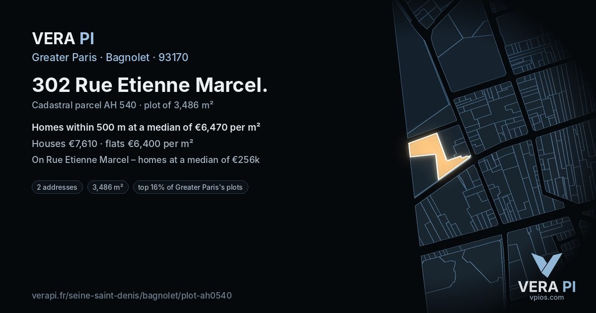 302 Rue Etienne Marcel, Bagnolet at night – the plot lit, the parcels around coloured by the prices near them
