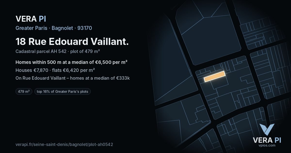 18 Rue Edouard Vaillant, Bagnolet at night – the plot lit, the parcels around coloured by the prices near them