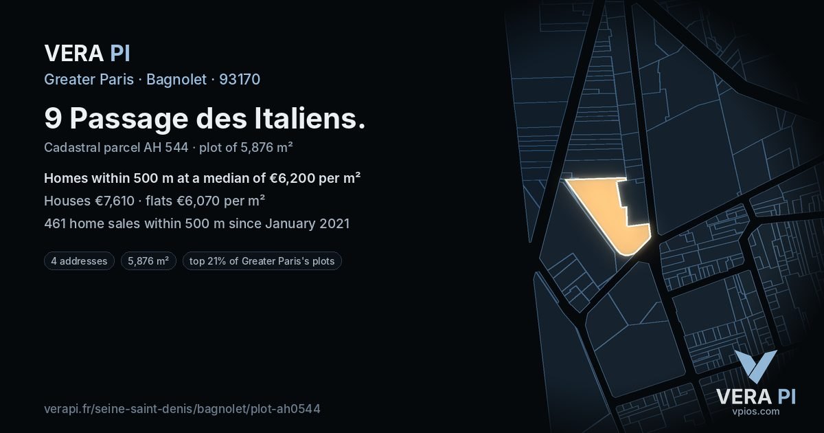 9 Passage des Italiens, Bagnolet at night – the plot lit, the parcels around coloured by the prices near them