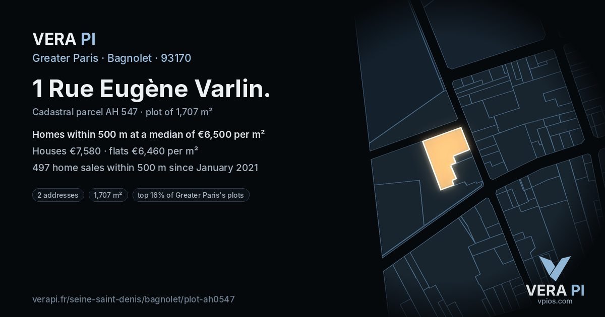 1 Rue Eugène Varlin, Bagnolet at night – the plot lit, the parcels around coloured by the prices near them