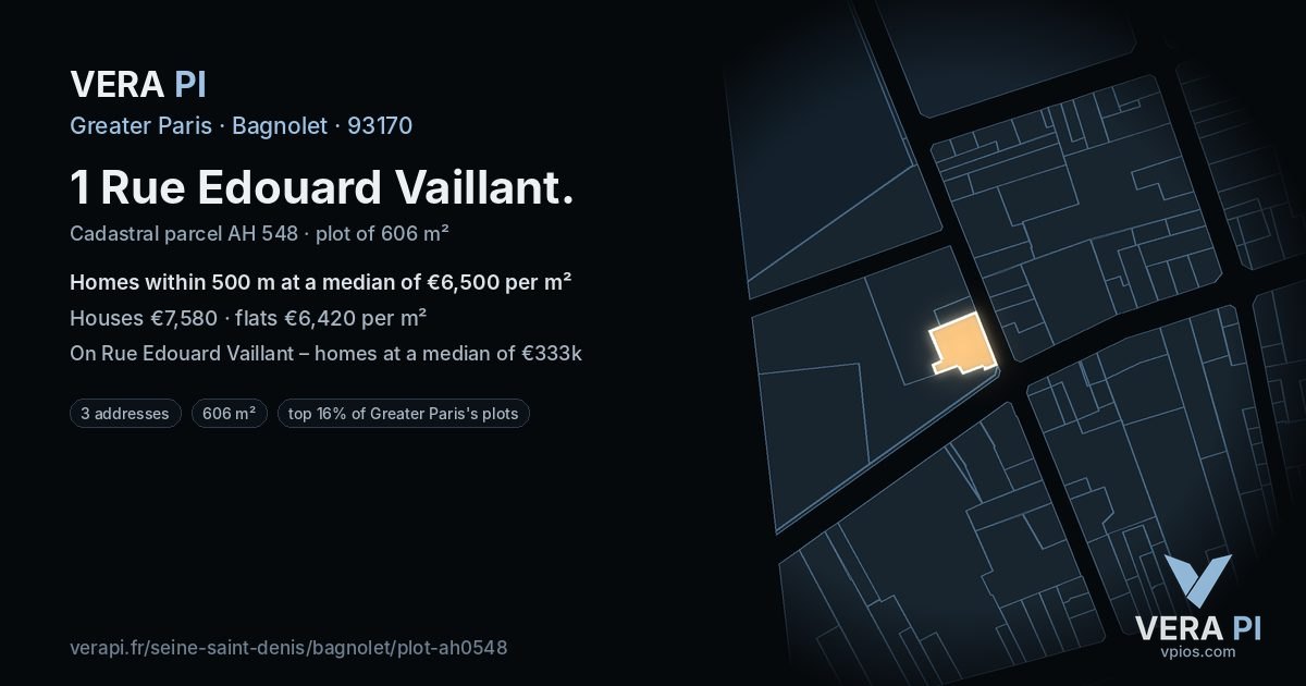1 Rue Edouard Vaillant, Bagnolet at night – the plot lit, the parcels around coloured by the prices near them