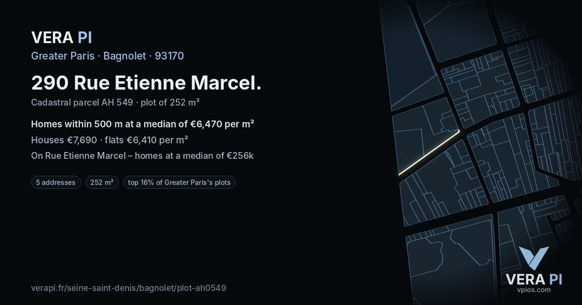 290 Rue Etienne Marcel, Bagnolet at night – the plot lit, the parcels around coloured by the prices near them
