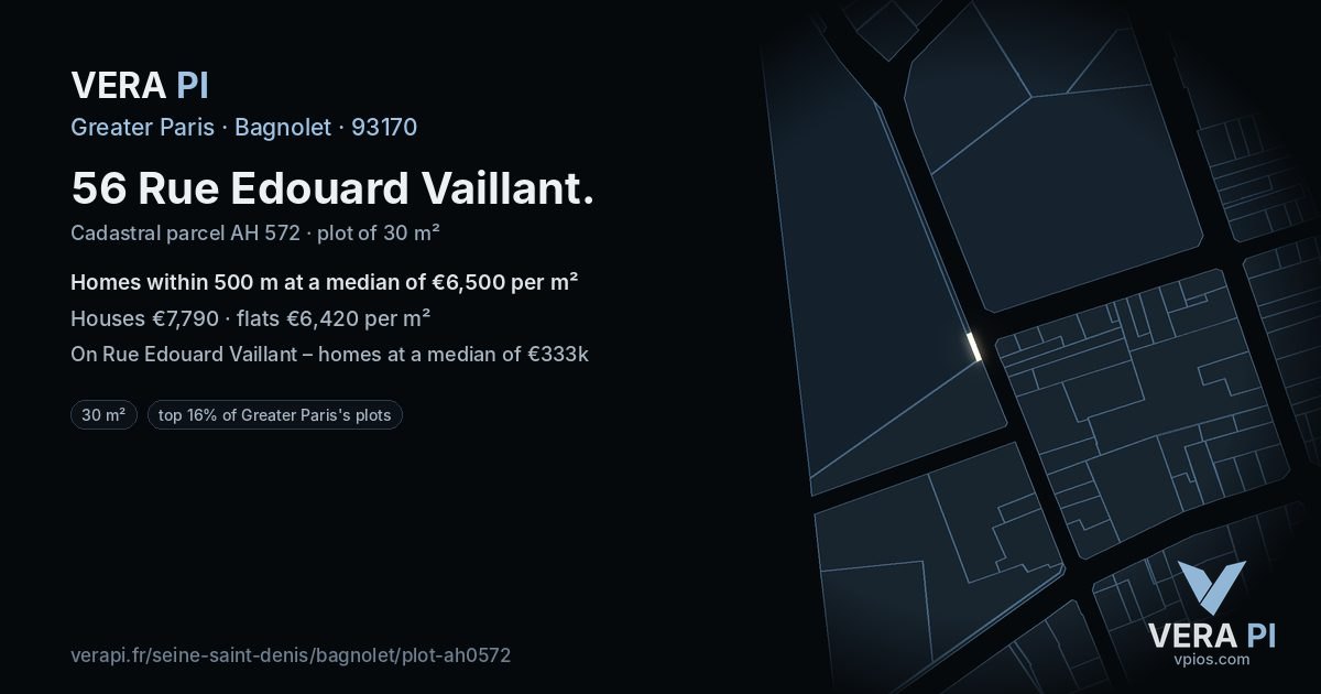 56 Rue Edouard Vaillant, Bagnolet at night – the plot lit, the parcels around coloured by the prices near them