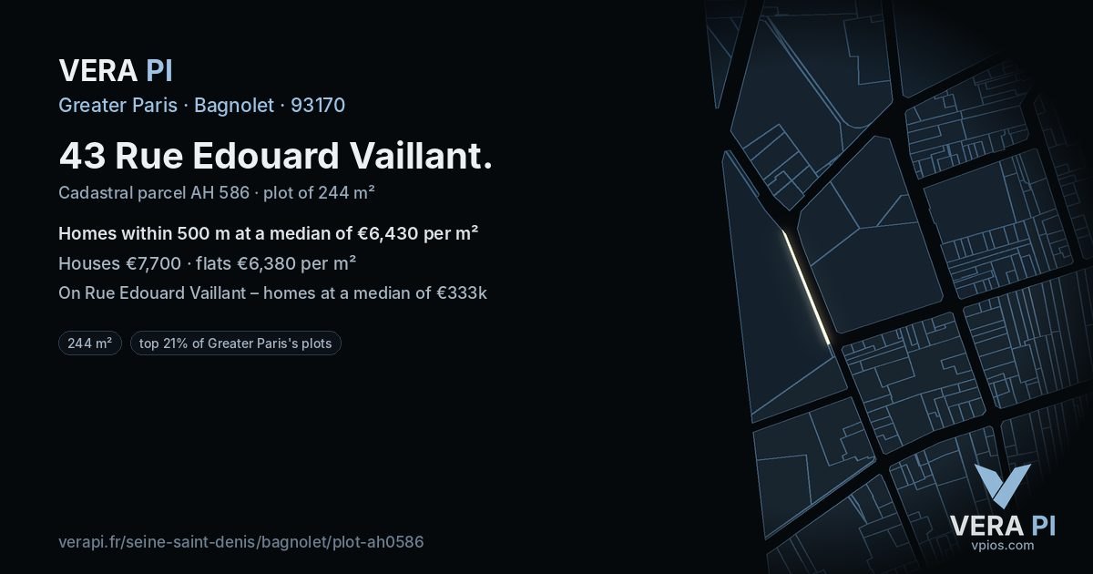 43 Rue Edouard Vaillant, Bagnolet at night – the plot lit, the parcels around coloured by the prices near them