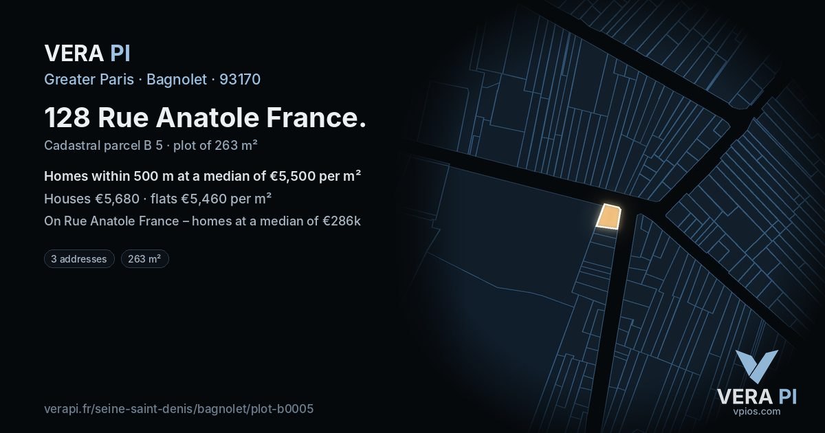 128 Rue Anatole France, Bagnolet at night – the plot lit, the parcels around coloured by the prices near them