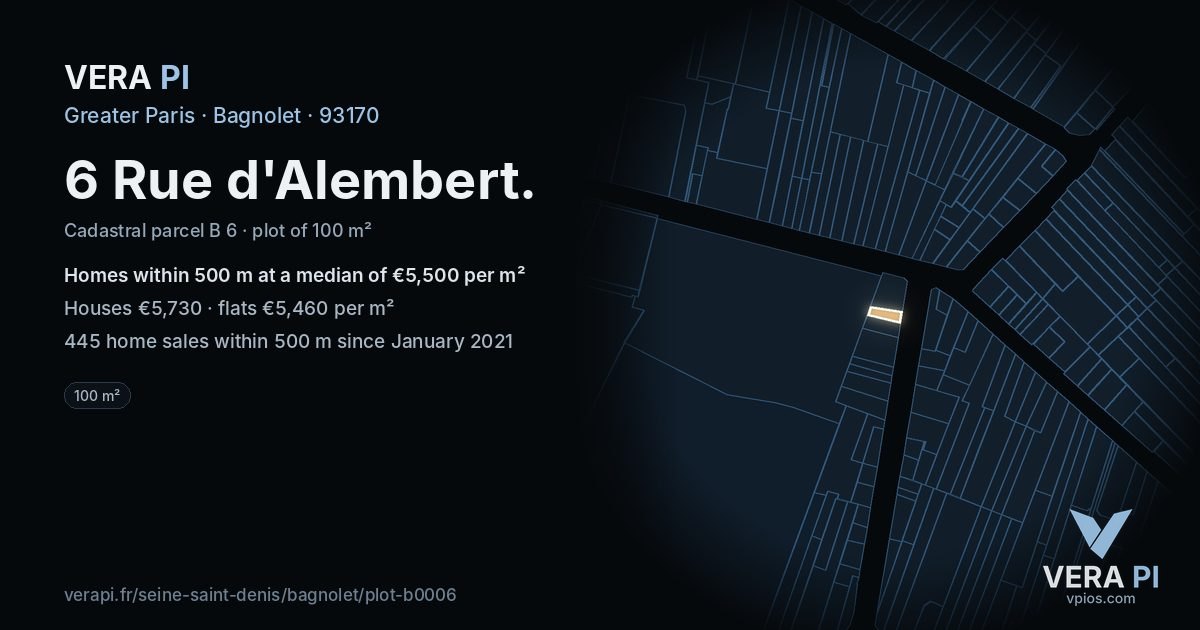 6 Rue d'Alembert, Bagnolet at night – the plot lit, the parcels around coloured by the prices near them
