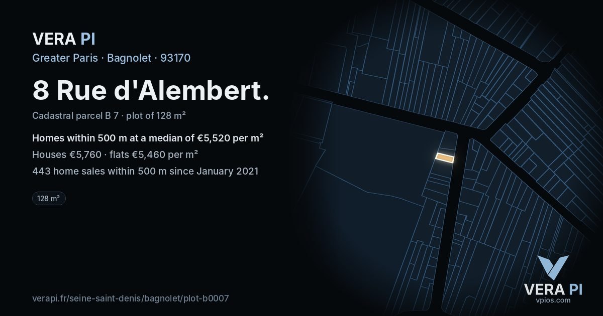 8 Rue d'Alembert, Bagnolet at night – the plot lit, the parcels around coloured by the prices near them
