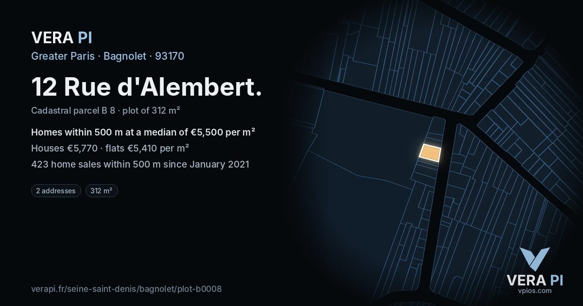 12 Rue d'Alembert, Bagnolet at night – the plot lit, the parcels around coloured by the prices near them