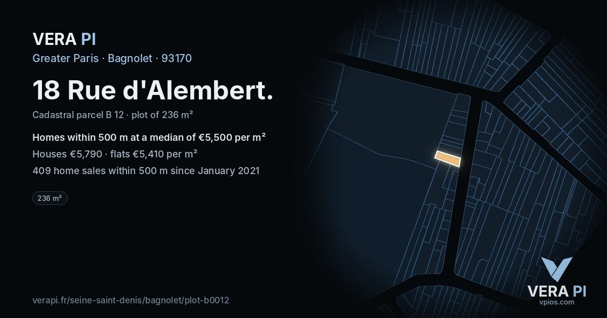 18 Rue d'Alembert, Bagnolet at night – the plot lit, the parcels around coloured by the prices near them