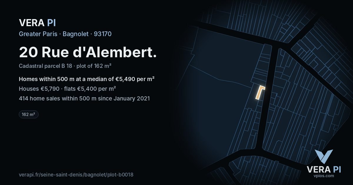 20 Rue d'Alembert, Bagnolet at night – the plot lit, the parcels around coloured by the prices near them