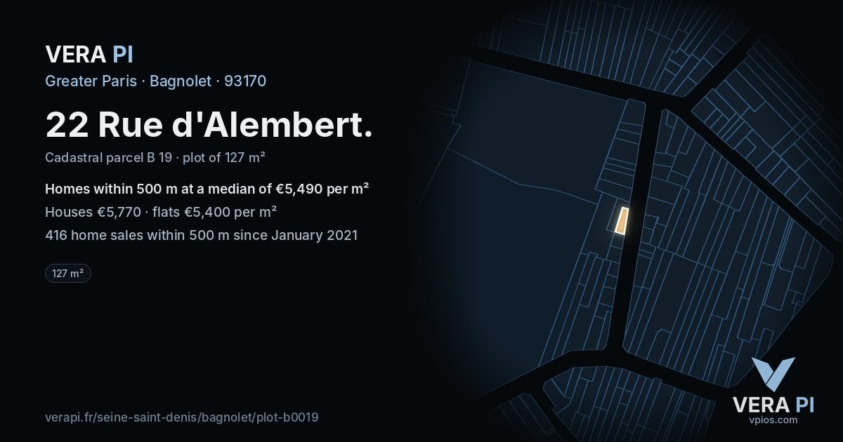 22 Rue d'Alembert, Bagnolet at night – the plot lit, the parcels around coloured by the prices near them