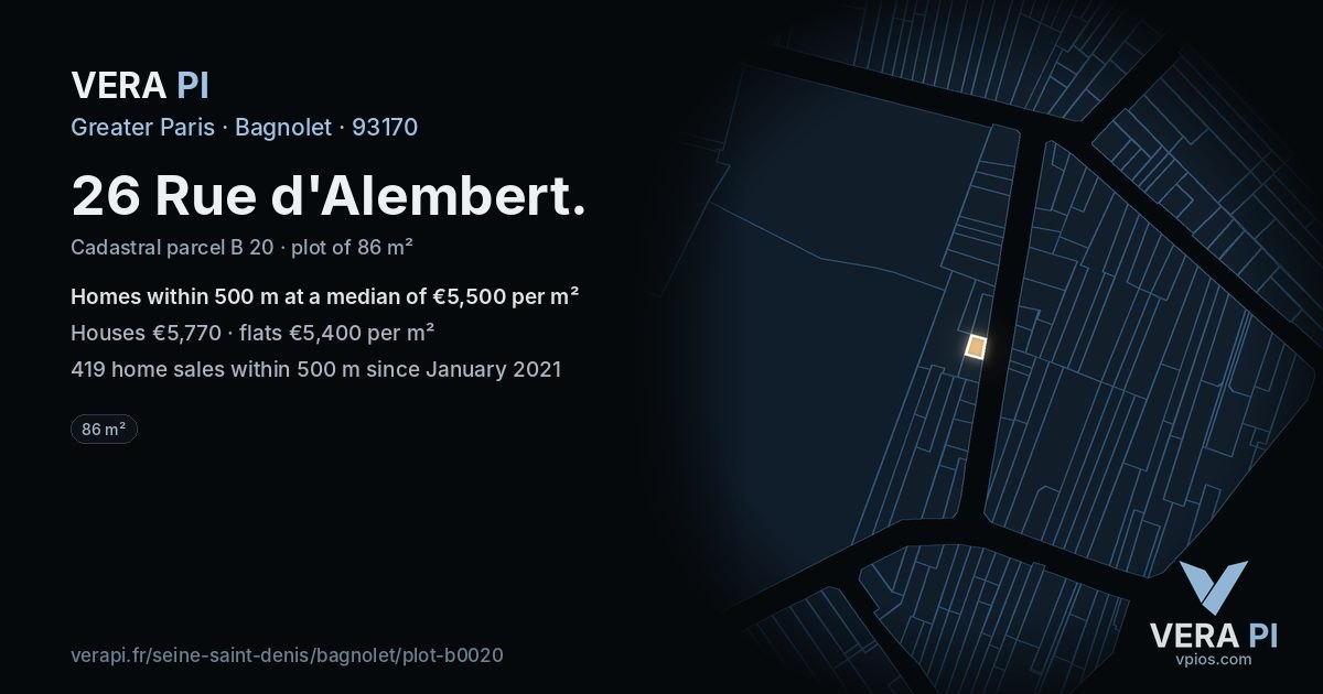 26 Rue d'Alembert, Bagnolet at night – the plot lit, the parcels around coloured by the prices near them