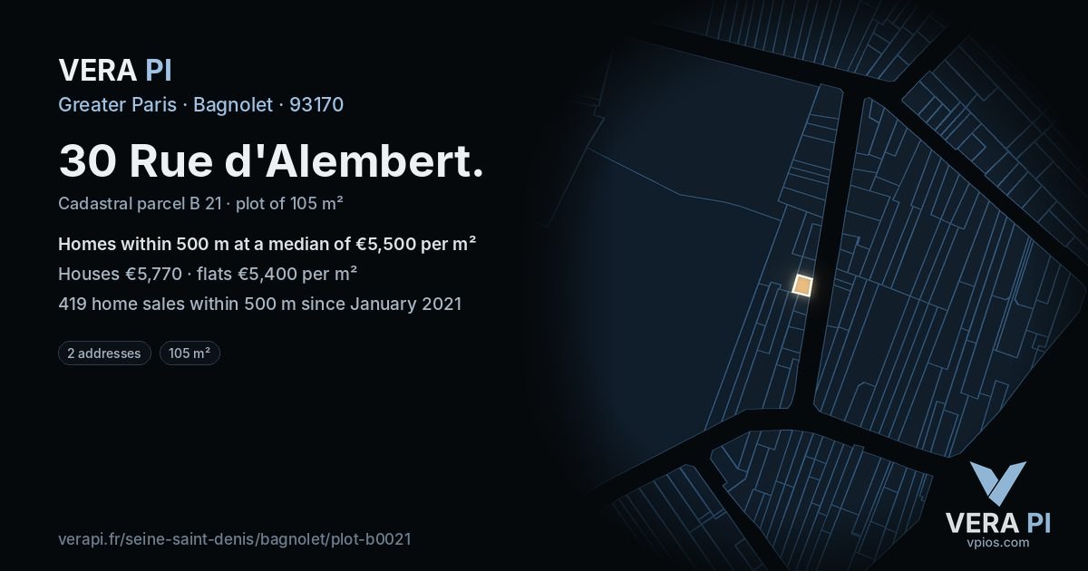 30 Rue d'Alembert, Bagnolet at night – the plot lit, the parcels around coloured by the prices near them