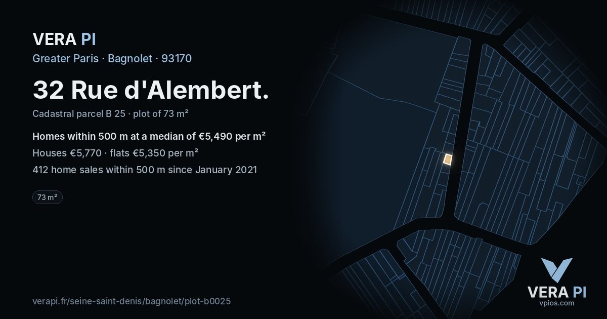 32 Rue d'Alembert, Bagnolet at night – the plot lit, the parcels around coloured by the prices near them