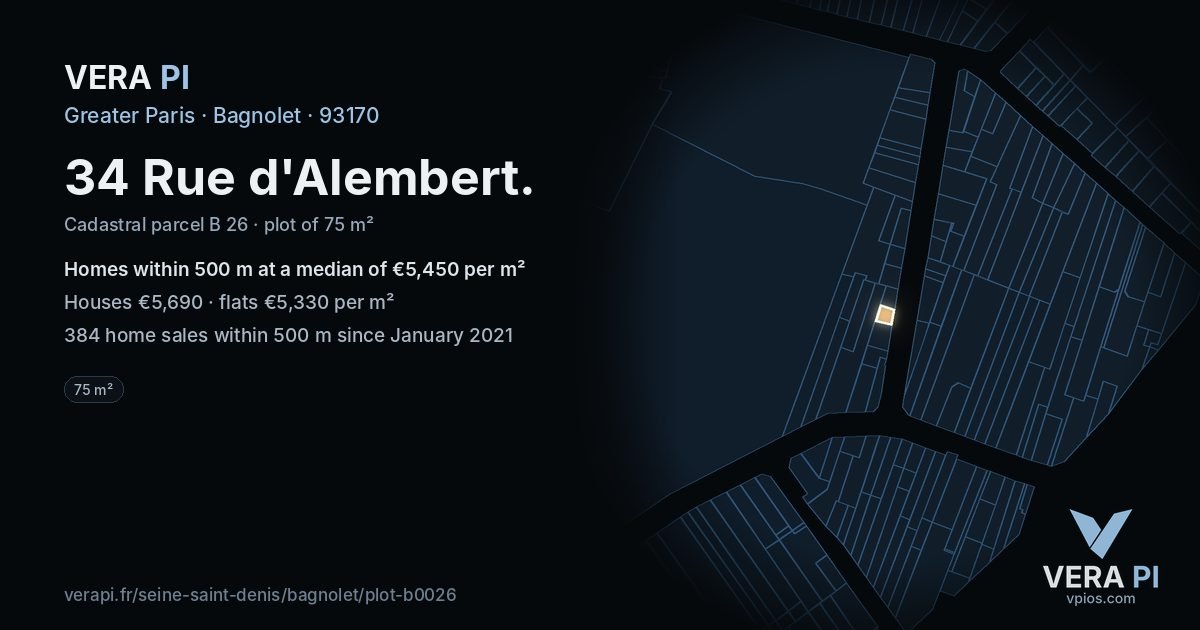 34 Rue d'Alembert, Bagnolet at night – the plot lit, the parcels around coloured by the prices near them