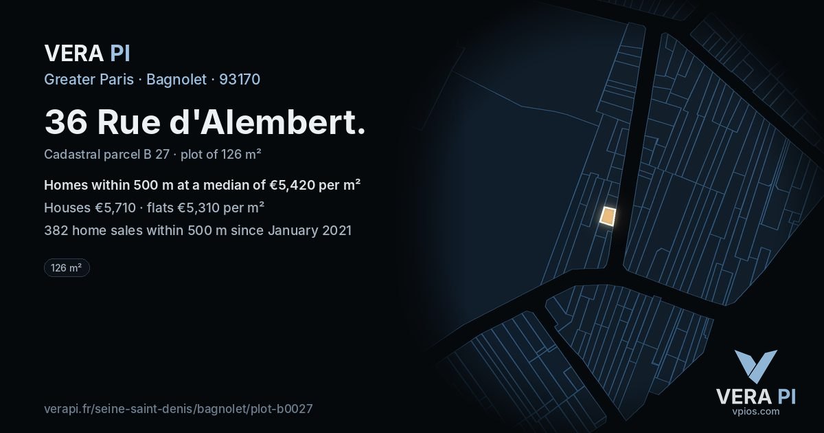 36 Rue d'Alembert, Bagnolet at night – the plot lit, the parcels around coloured by the prices near them