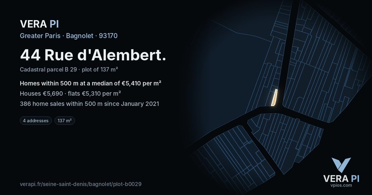 44 Rue d'Alembert, Bagnolet at night – the plot lit, the parcels around coloured by the prices near them