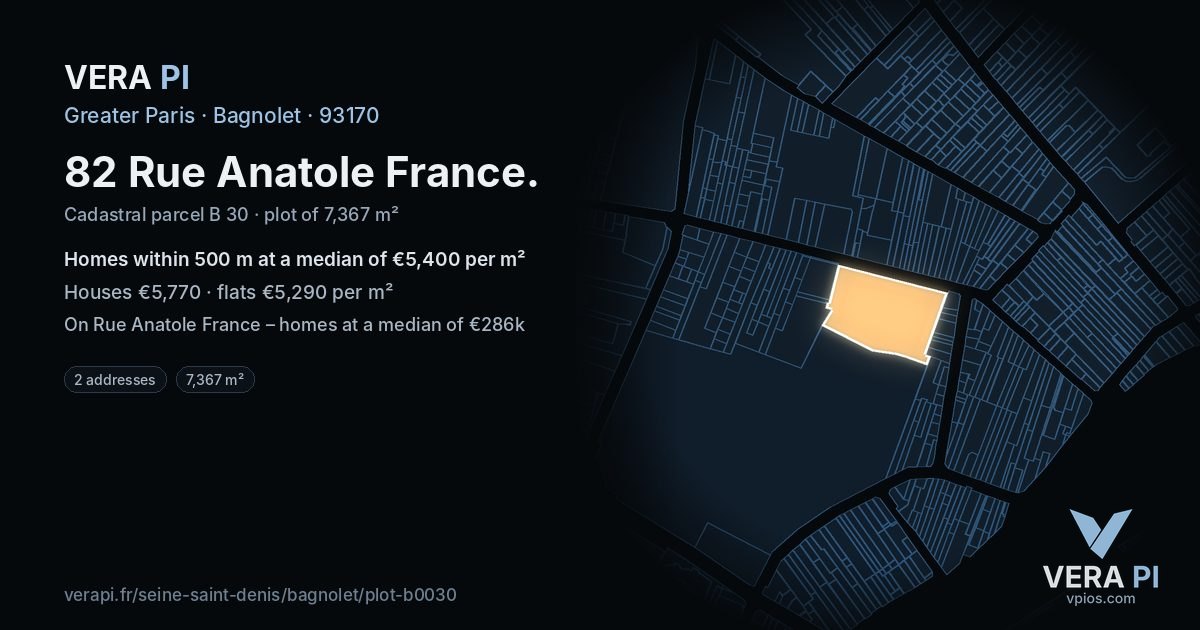 82 Rue Anatole France, Bagnolet at night – the plot lit, the parcels around coloured by the prices near them