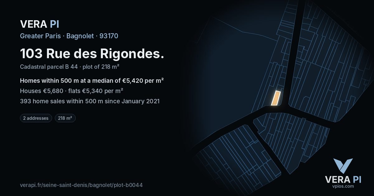 103 Rue des Rigondes, Bagnolet at night – the plot lit, the parcels around coloured by the prices near them