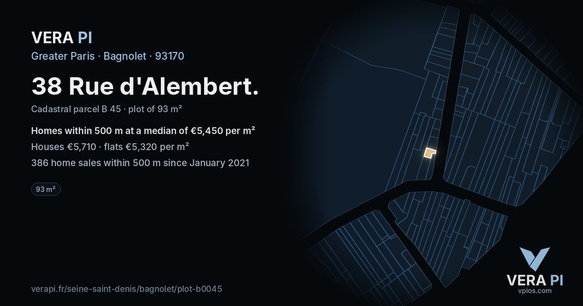 38 Rue d'Alembert, Bagnolet at night – the plot lit, the parcels around coloured by the prices near them