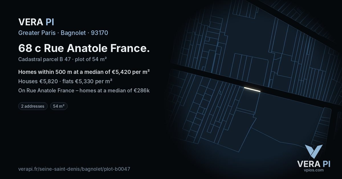 68 c Rue Anatole France, Bagnolet at night – the plot lit, the parcels around coloured by the prices near them