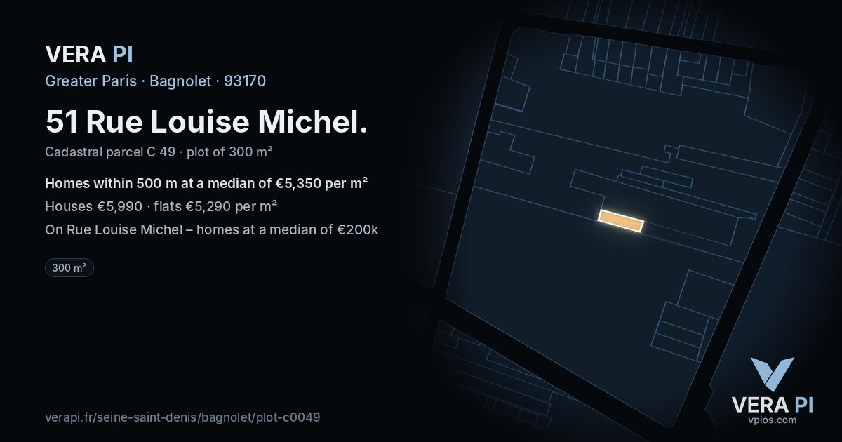 51 Rue Louise Michel, Bagnolet at night – the plot lit, the parcels around coloured by the prices near them