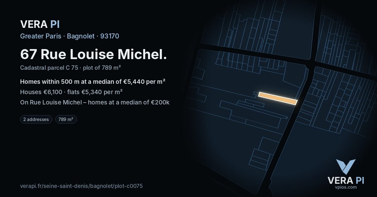 67 Rue Louise Michel, Bagnolet at night – the plot lit, the parcels around coloured by the prices near them