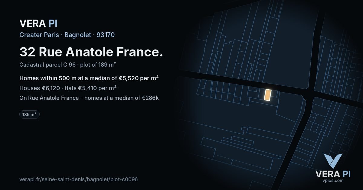 32 Rue Anatole France, Bagnolet at night – the plot lit, the parcels around coloured by the prices near them