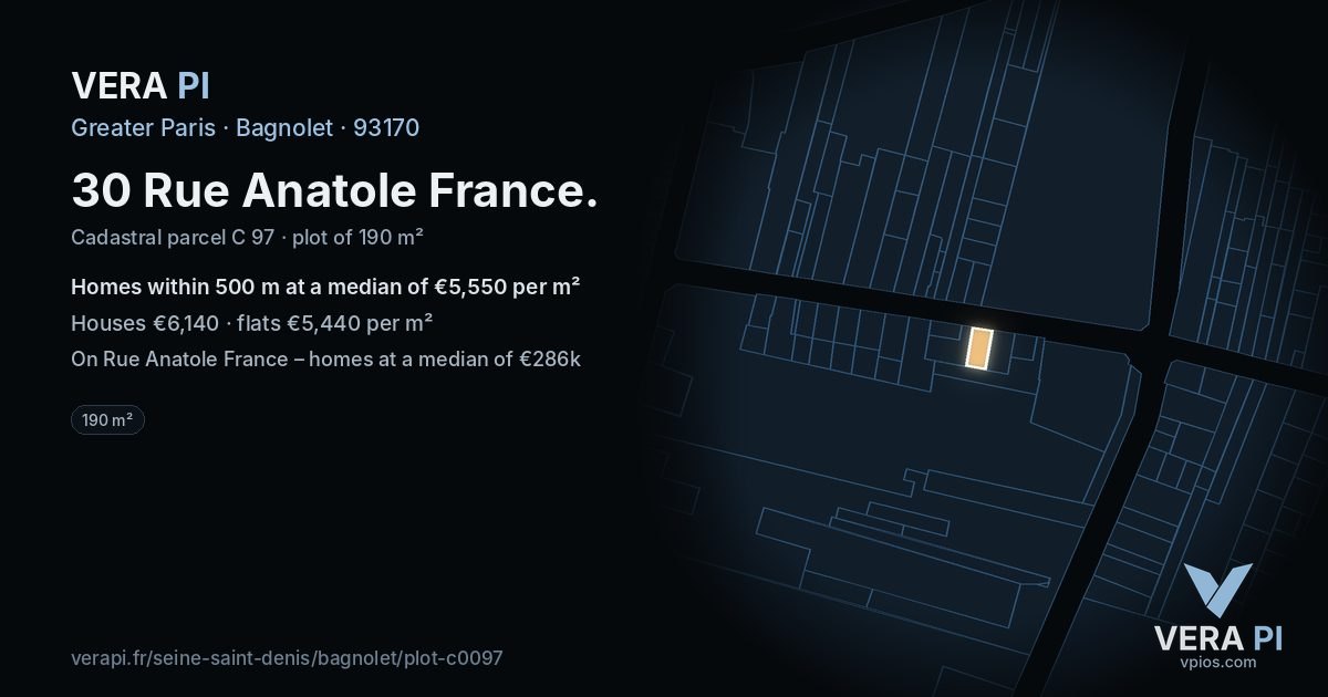 30 Rue Anatole France, Bagnolet at night – the plot lit, the parcels around coloured by the prices near them